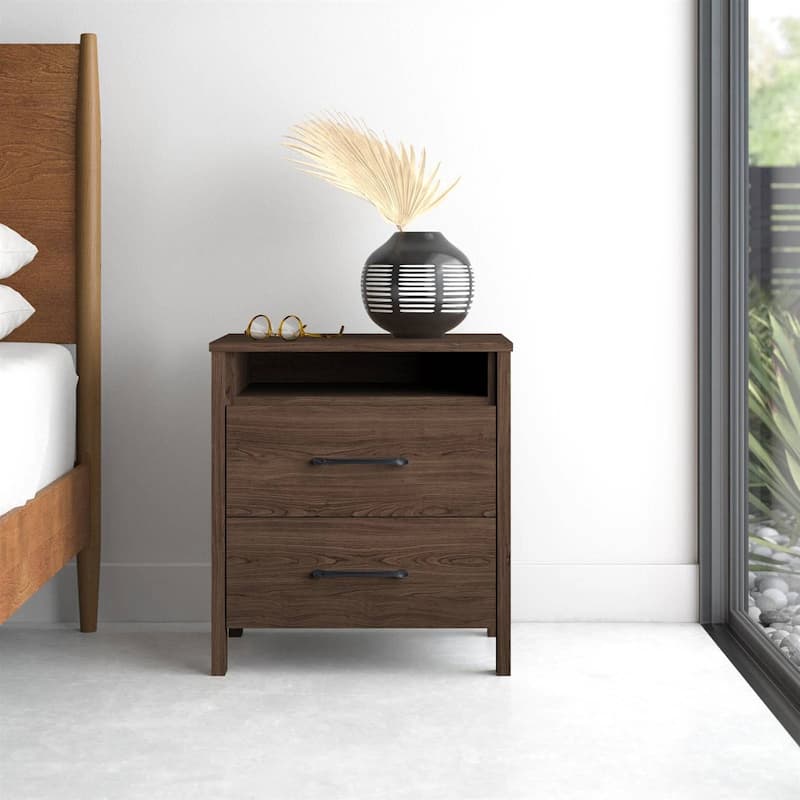 Modern 2-Drawer Bedside Table Nightstand with Shelf Wood Minimalist Bedroom Furniture