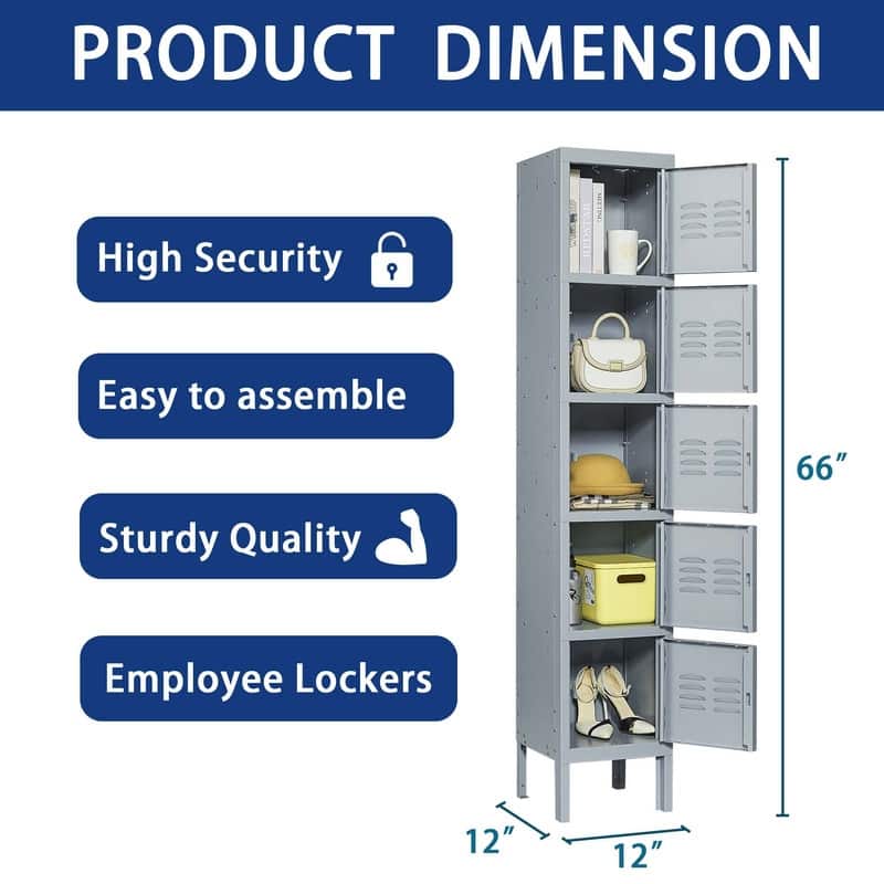 5 Door 66"H Metal Lockers for Employees,Storage Cabinet With Hooks and Ventilation For School,Garage,Gym,Office