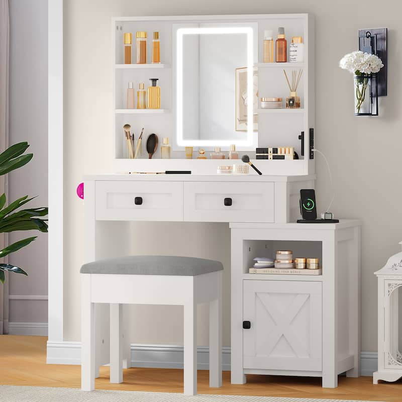 Moasis Farmhouse Vanity Desk with Mirror and Lights, Makeup Vanity Table - 15.7"D x 40"W x 54"H