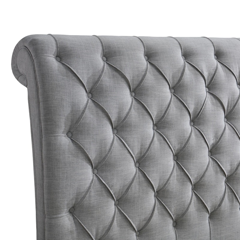 Magnolia Queen Size Bed, Tufted Upholstered Rolled Top Headboard, Gray