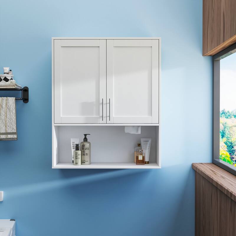 Bathroom Mirror Cabinet - Two Door Wall Cabinet Vanity Mirror Cabinet with Facial Tissues Slot and Multifunctional Storage - White