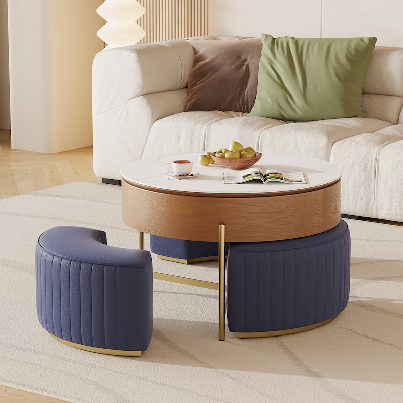 Lift Top Extendable Frame Coffee Table with Storage 3 Stools, Stainless Steel Legs - L 31.5'×W 31.5'×H 19.29'