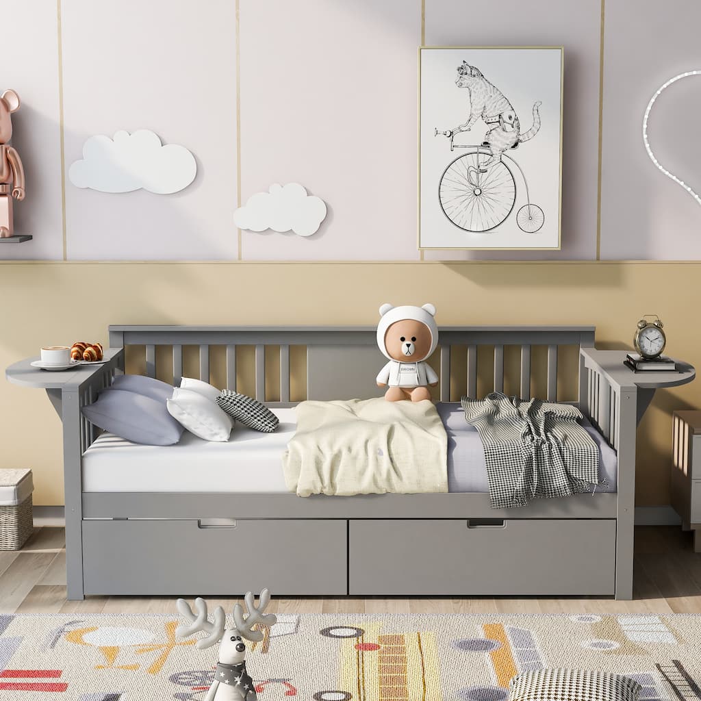 Wooden Daybed Kids Sofa Bed with 2 Drawers and Foldable Shelves on Both Sides, for Bedroom Living Room/Apartment/Guest Room