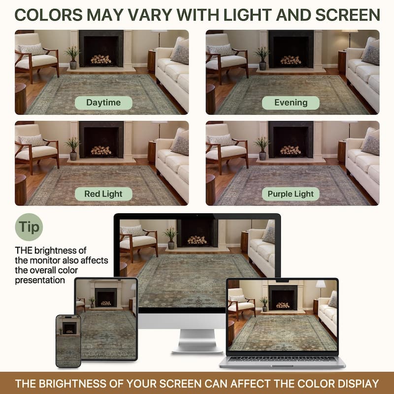 Mcow Sage Green Boho Pattern Ultra-Thin Low-Pile Washable Non-Slip Area Rug