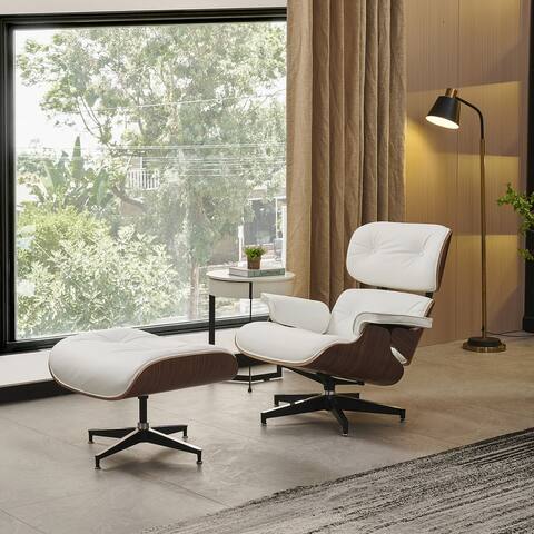 Modern Mid Century Lounge Chair and Ottoman with Real Leather