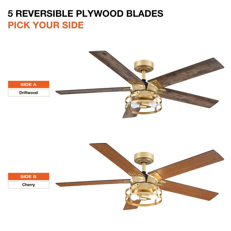 52" Gold Metal Reversible 5-Blade LED Ceiling Fan with Remote