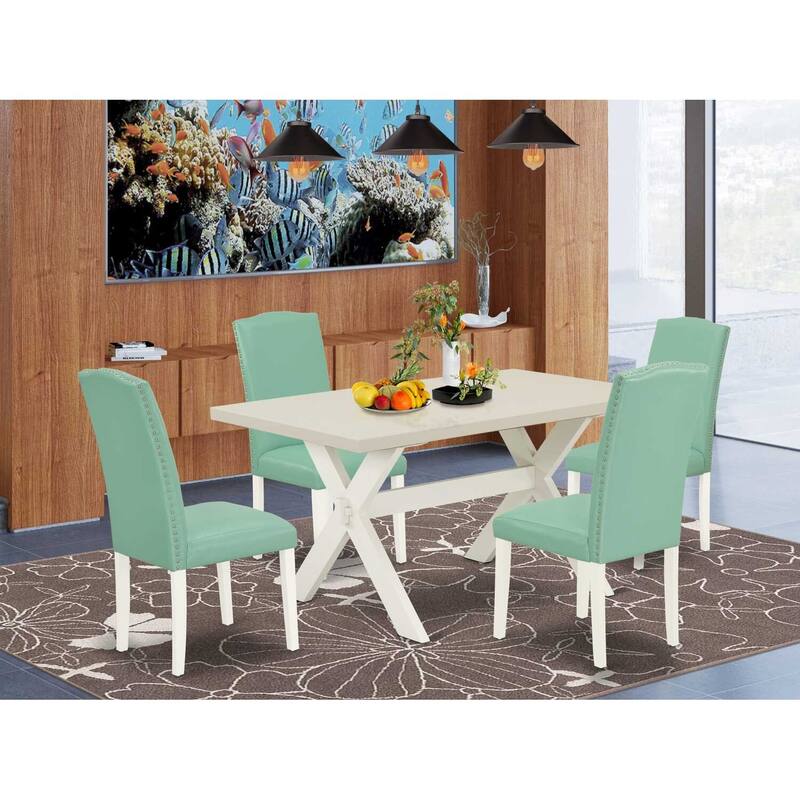 HomeStock 5-Piece Rectangle Natural Oak Finish Solid Wood Top Dining Table with 4 Upholstered-Chairs with Lattice Back
