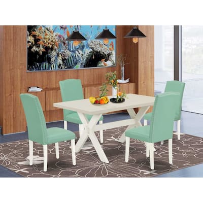 HomeStock 5-Piece Rectangle Natural Oak Finish Solid Wood Top Dining Table with 4 Upholstered-Chairs with Lattice Back