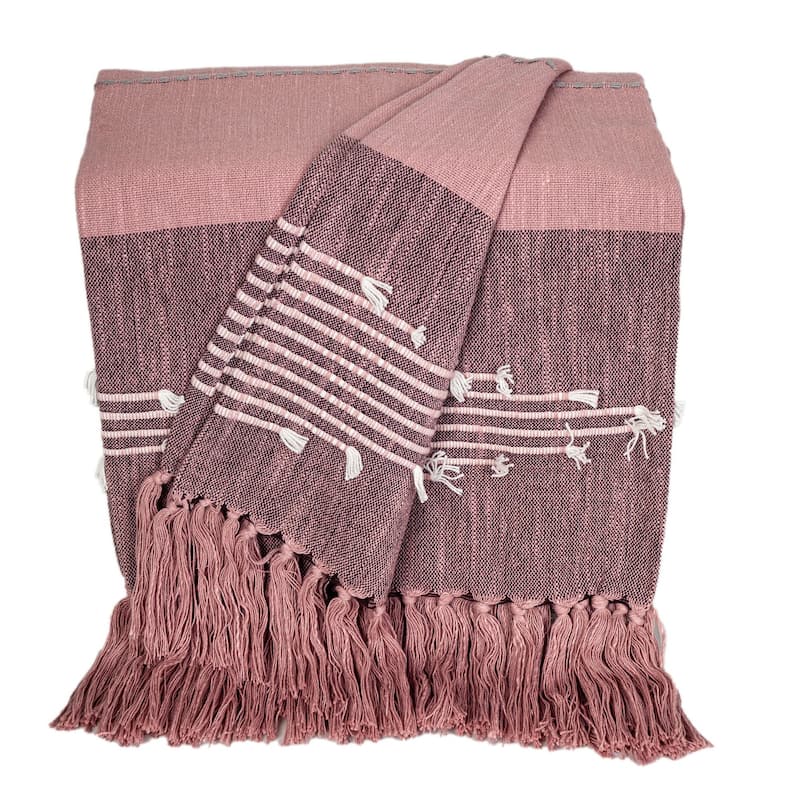 HomeRoots 50" X 60" Pink Woven Cotton Striped Throw Blanket with Tassels and Embroidery