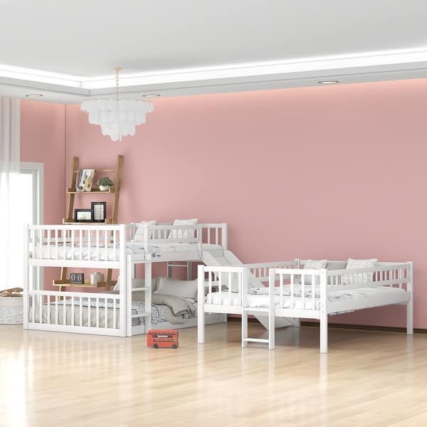 slide 2 of 43, Full Over Full Triple Bunk Bed with Ladder and Slide - Fun for Large Families White