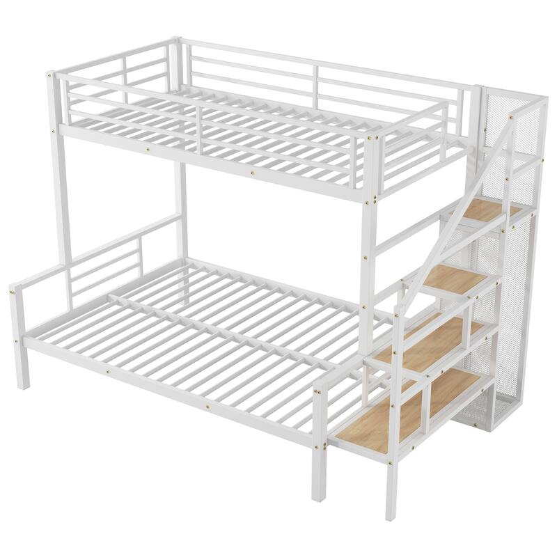 Twin Over Full Metal Bunk Bed with Storage Staircase & Wardrobe - 400LB Capacity