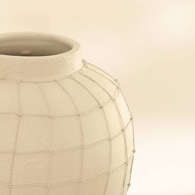 Handmade Off-White Terracotta Vase with Wireframe - 9.75x9.75x12 Inch Table Accent