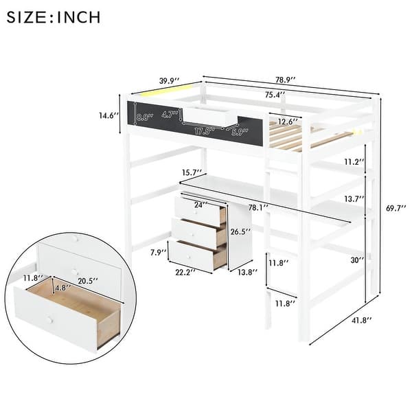 Artsy Twin Size Loft Bed with Desk, Blackboard, Storage Box, Shelf and 3 Drawers, Safety Guaranteed & Maximized Space, White