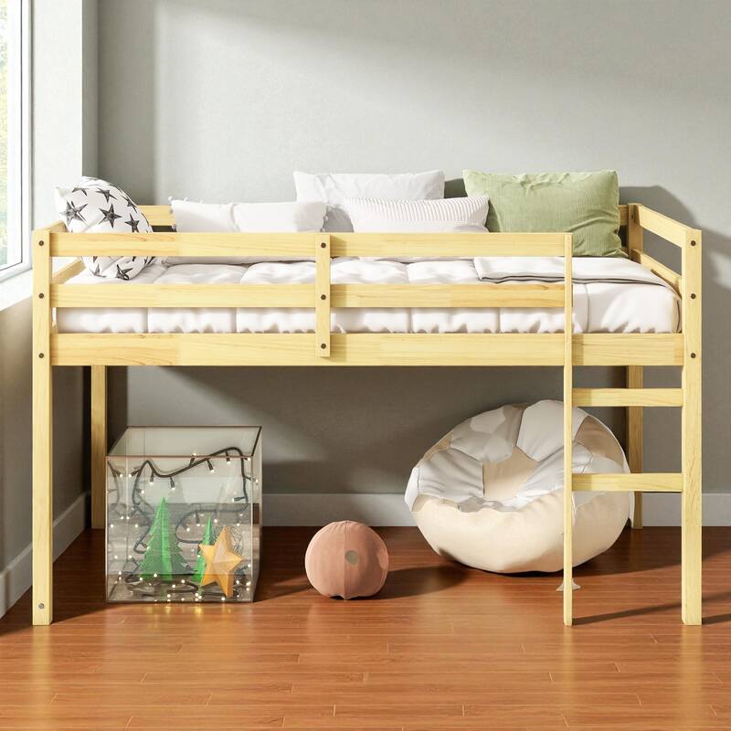 Solid Wood Twin Loft Bed with Ladder, Rubber Wood Frame Low Height Design with Guard Rails and Storage Space
