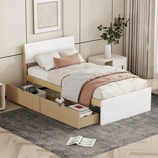 Modern Solid Wood Storage Twin Bed Frame with 2 Drawers and Headboard