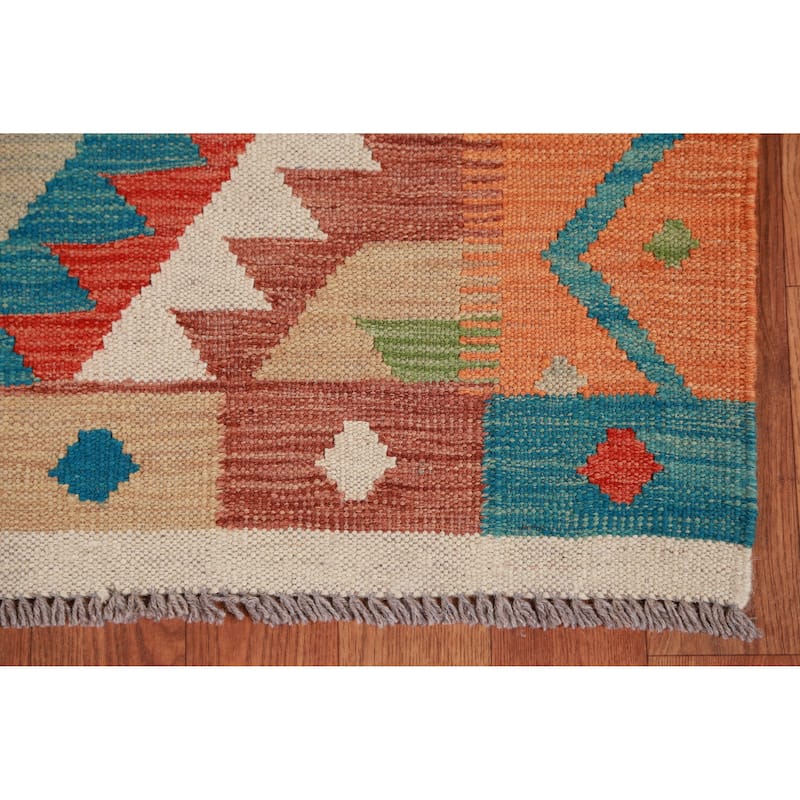 Hand Woven Oriental 100% Wool Carpet Southwestern Geometric Multi-Colored Kilim Runner Rug - 16' 2'' X 2' 10''