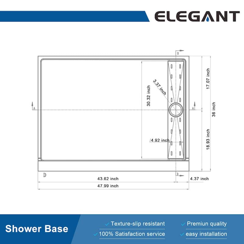 Elegant Rectangular SMC Shower Base 48'' W x 36'' D x 4'' H Single Threshold Anti-slip Shower Pan with Shower Drain