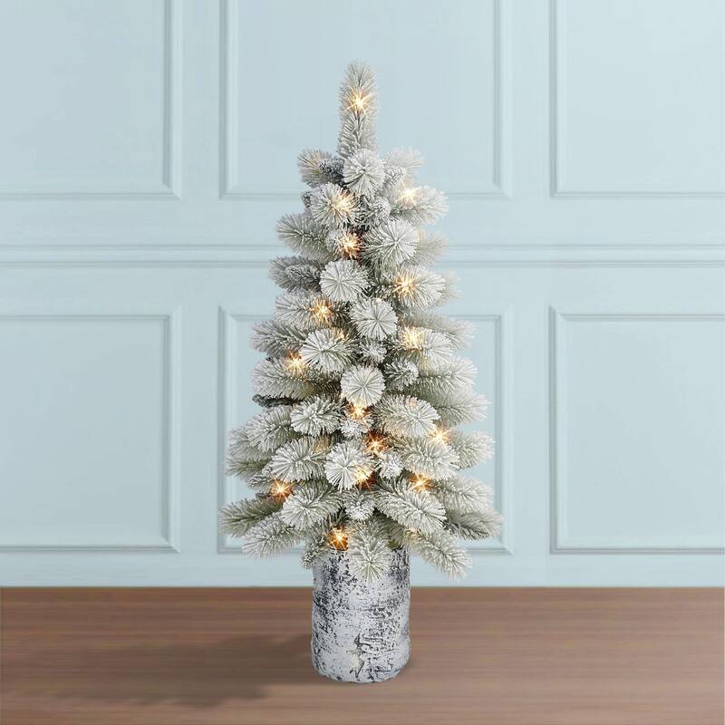 3.5' Potted Flocked Norwegian Pine Artificial Tree Warm White Lights - 3.5 Foot