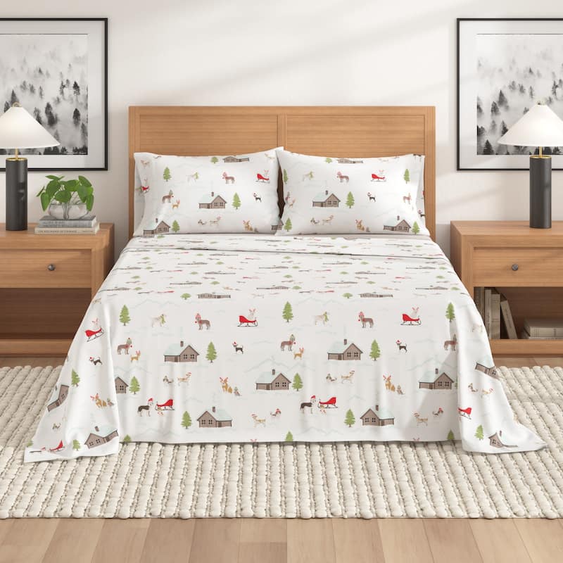 Linery & Co. Christmas Turkish Cotton Double-Brushed Flannel Bed Sheet Set - Full - Winter Pups