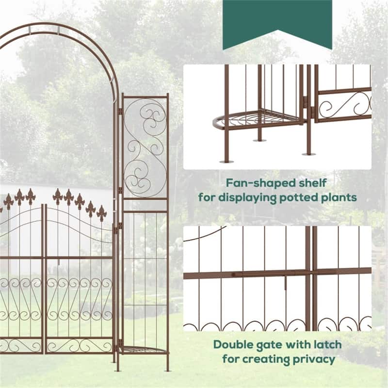 Brown Metal Garden Arch with Plant Shelves and Double Door Powder-Coated Outdoor Arbor for Climbing Plants
