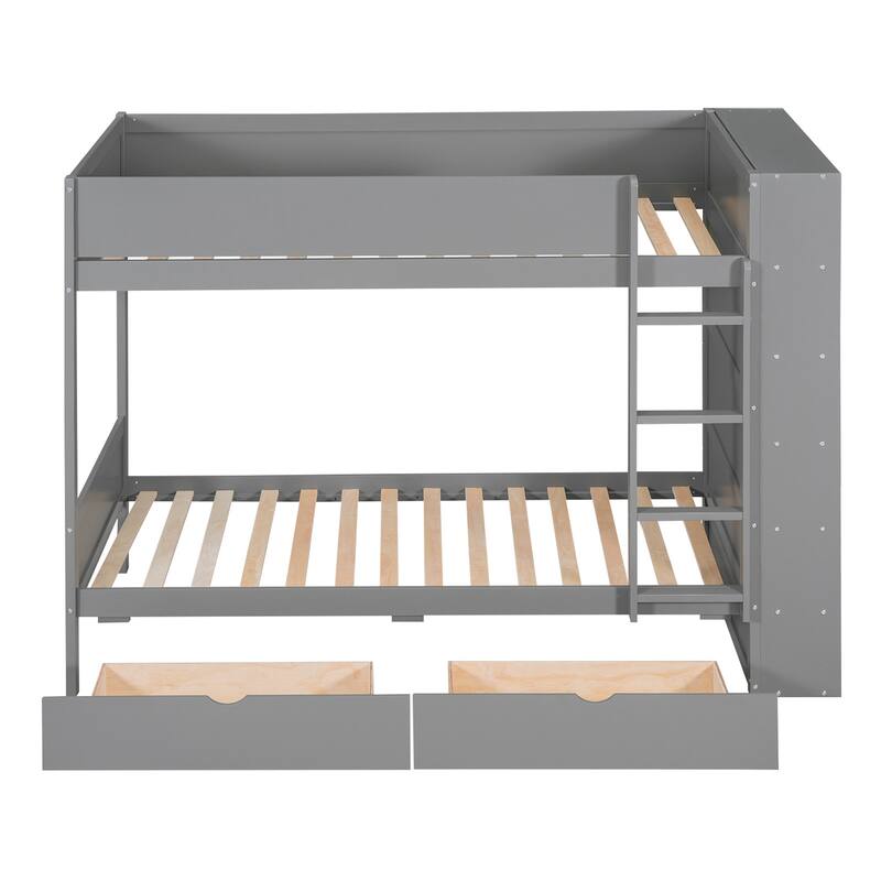 Twin over Twin Bunk Bed With 2 Drawers and Multi-layer Cabinet, Gray