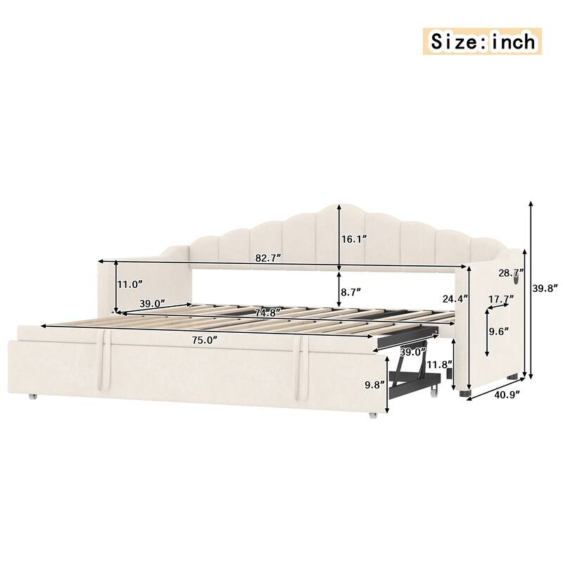 Upholstered Twin Size Daybed with Adjustable Height Pop Up Trundle Twin Bed and USB & Type-C Charging Port,with 2 Side Pockets