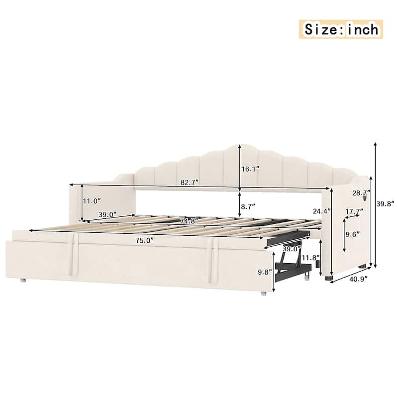 Upholstered Twin Size Daybed with Adjustable Trundle Bed and USB Port, Velvet Fabric Twin Sofa Bed Frame with 2 Side Pockets