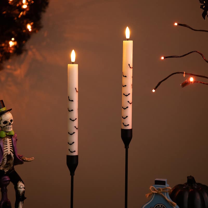 LED Flickering Flameless Wax Tapered Flying Bats Halloween Candles - 9.75" - Set of 2