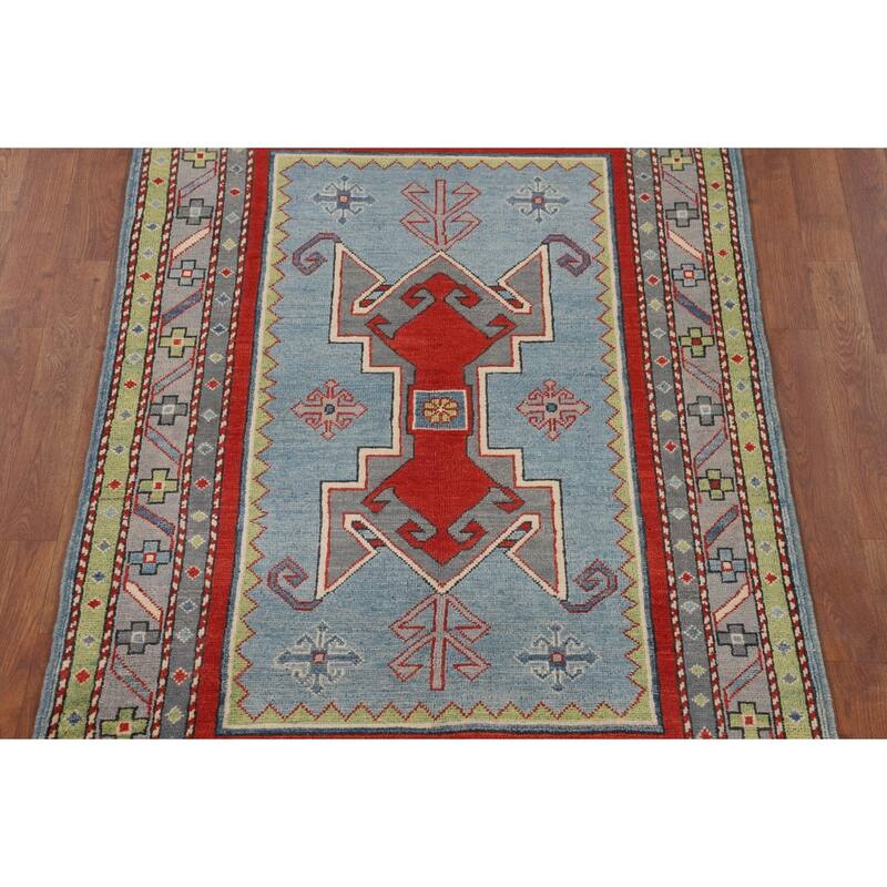 Light Blue Geometric Kazak Foyer Rug Hand-Knotted Wool Carpet - 3'6" x 5'3"