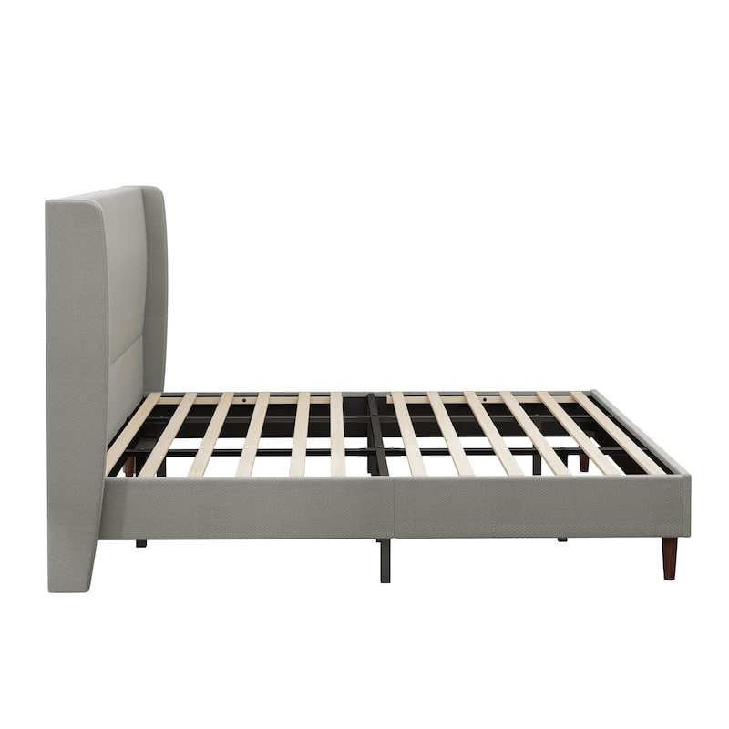 Wingback Upholstered Bed Platform Bed with High Headboard, Solid Wood Legs and Wooden Slats - Available Chenille or Linen