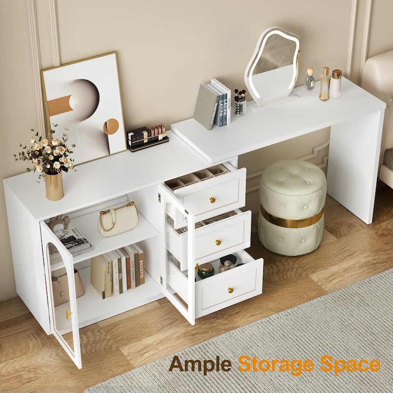 Extendable Makeup Vanity Desk with 3 Drawers & 2 Doors