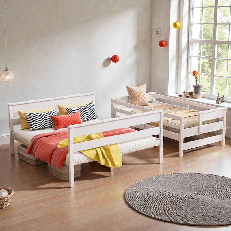 Wood Twin XL over Queen Bunk Bed with Ladder, Solid Pine Detachable Bunk Frame with Guardrails and Slat Support