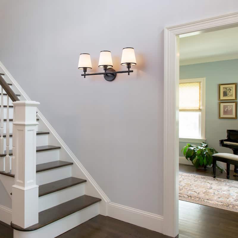 3-Light Matte Black Metal Wall Sconce Ribbed Fabric Shade Traditional