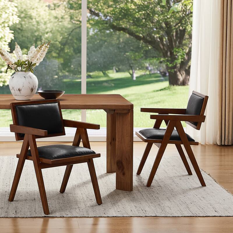 Art Leon Set of 2 Wood and Upholstered Accent Dining Chair with Wooden Armrest - Black