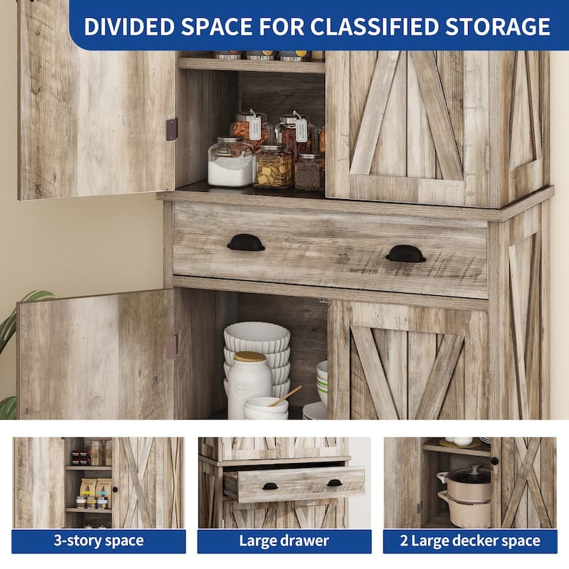 Moasis Farmhouse Freestanding 72'' Kitchen Pantry Storage Cabinet Cupboard with Drawer Adjustable Shelves