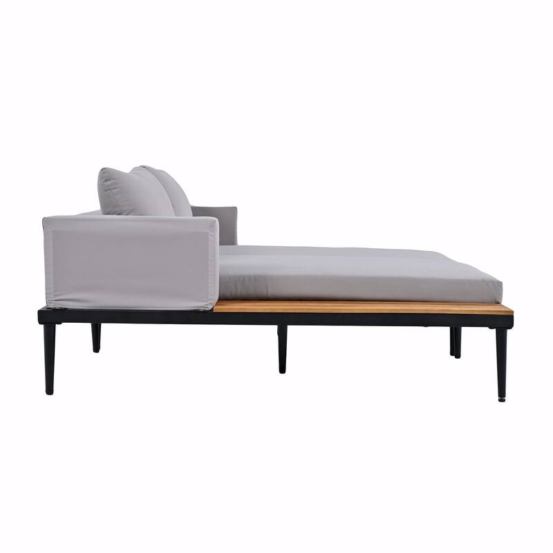Modern Outdoor Metal Daybed with Wood Topped Side Spaces, 2-in-1 Padded Chaise Lounges