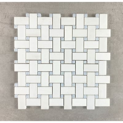 Thassos White with Blue Celeste 1 x 2 Basketweave Marble Mosaic Tiles - Case (10 Sheets)