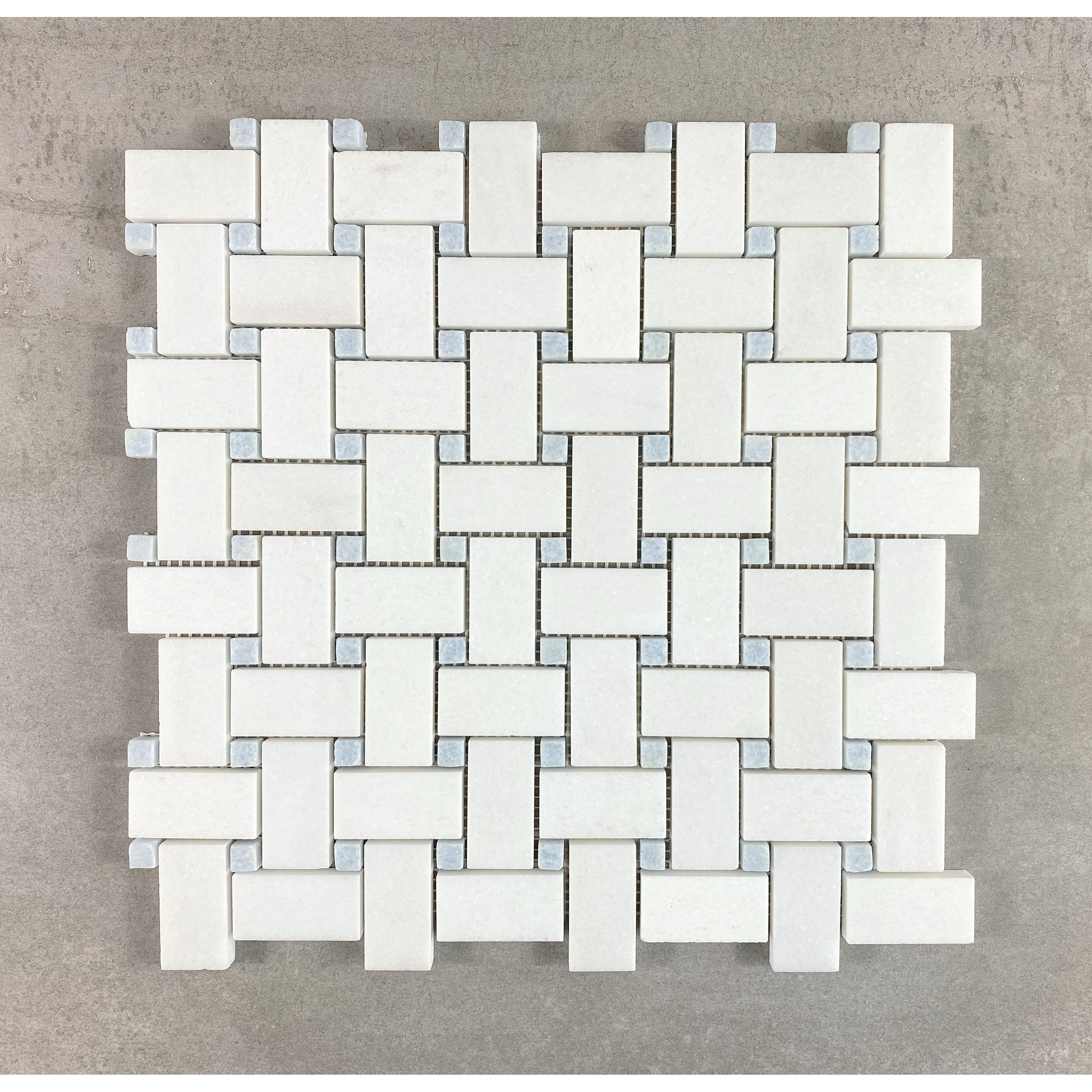 Thassos White with Blue Celeste 1 x 2 Basketweave Marble Mosaic Tiles - Case (10 Sheets)