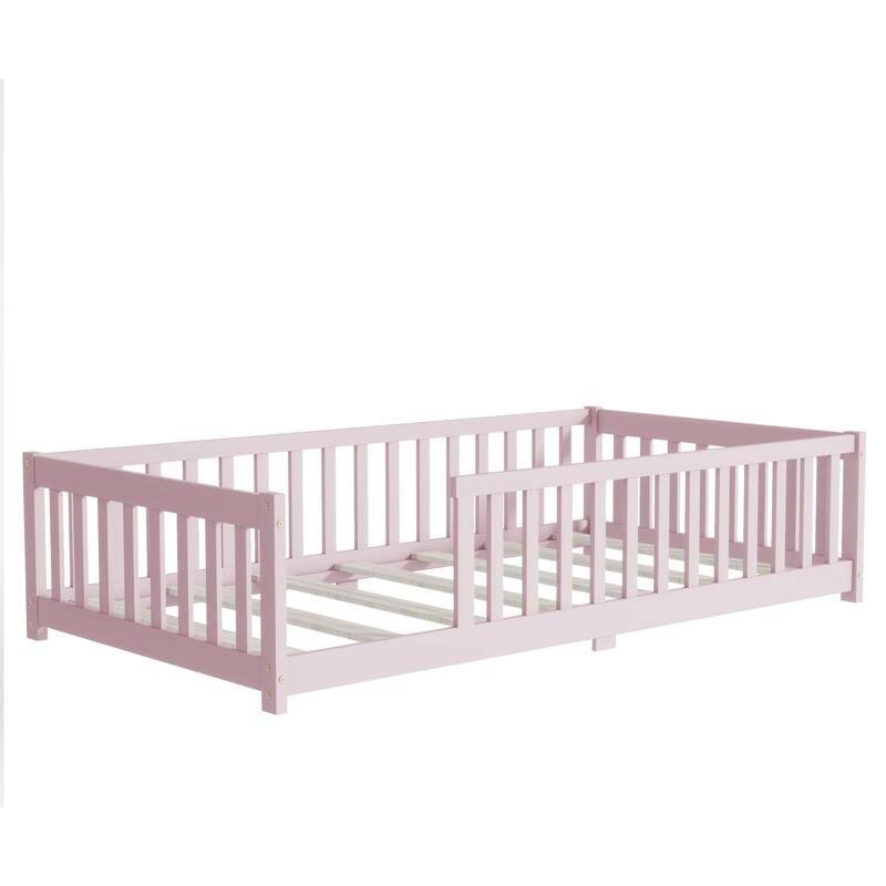 Montessori Twin Size Toddler Floor Bed with Fence without Door, Open-row Design Wood Frame Platform Bed with Safety Guardrails