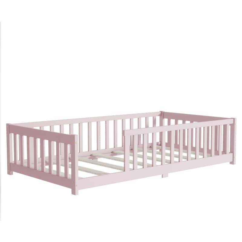 Twin Size Rubber Wood Floor Panel Bed with Safety Fence - No Door Version