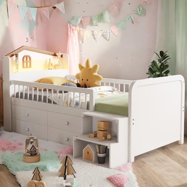 slide 2 of 27, Twin Loft Bed with LED Lights,House Shape Design Kids Low Loft Bed with LED Lights White