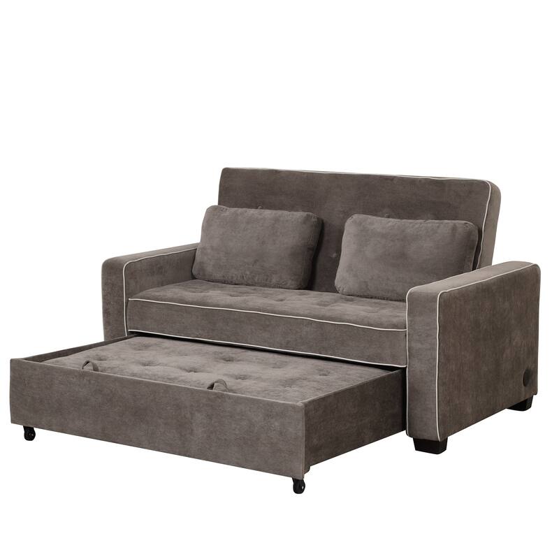 61.4" Upholstered Sleeper Bed, Pull Out Sofa with Adjustable Backrest, Dual USB Port, Brown Gray