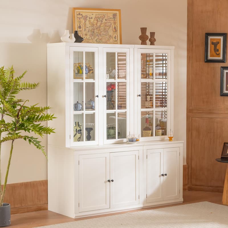 Roomfitters 75.25'' Pantry Cabinet Set with Glass Doors, Farmhouse Display Hutch Wall Storage Cabinet for Kitchen, White