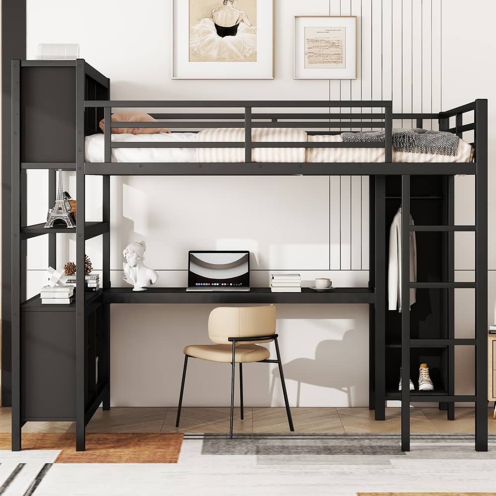 Heavy Duty Metal Loft Bed with Wardrobe and L Shaped Desk, Full/Queen Size High Loftbed Frame with Storage Cubes and Shelves