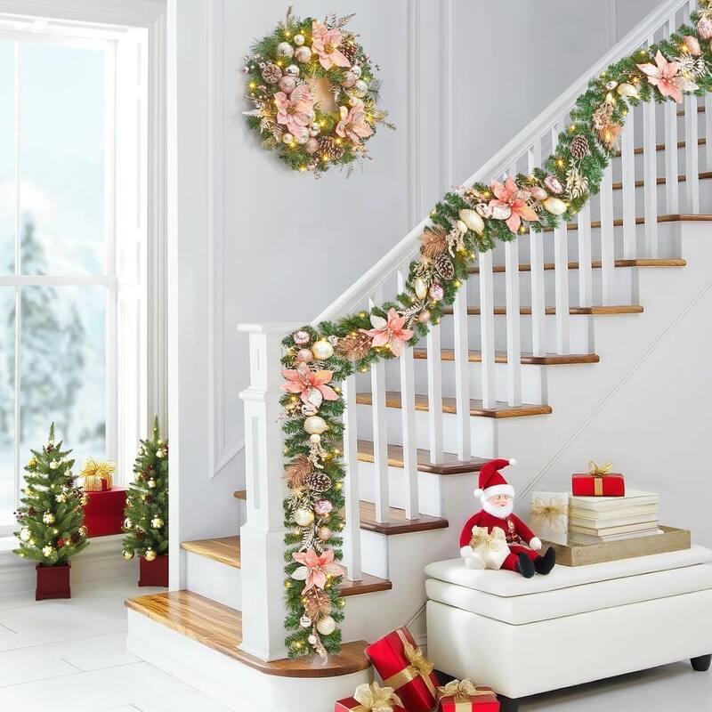 9 ft Pre-Lit Christmas Garland for Mantle Outdoor Fireplace Table Stair Railing Decoration