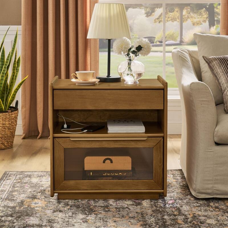 Mid Century Modern 2-Drawer Nightstand with Charging Station and Open Shelf for Bedroom Storage and Convenience - Light Walnut