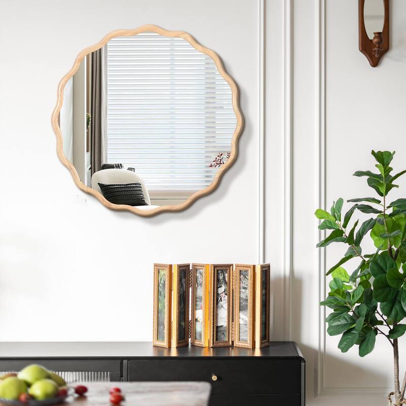 Mia Solid Wood Wavy Round Wall Mirror with HD Reflection and Artistic Frame Design by GDFStudio