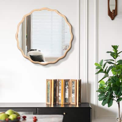 Solid Wood Wavy Mirror Vanity Mirror Wall Decor 31" x 31" Modern Mirror Wall Decor for Bathroom, Bedroom, Living Room