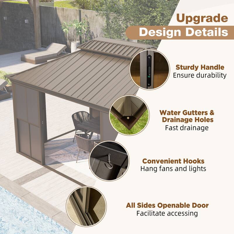 Hardtop Gazebo with Double Steel Roof, Sliding/Lockable Doors & Screens - All-Season Rustproof Aluminum Frame，Advanced Drainage