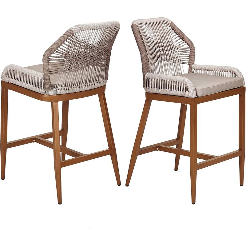 Counter Height Bar Stools Set of 2, Modern Wicker Rattan Patio Bar Stools with Backrest - Teak